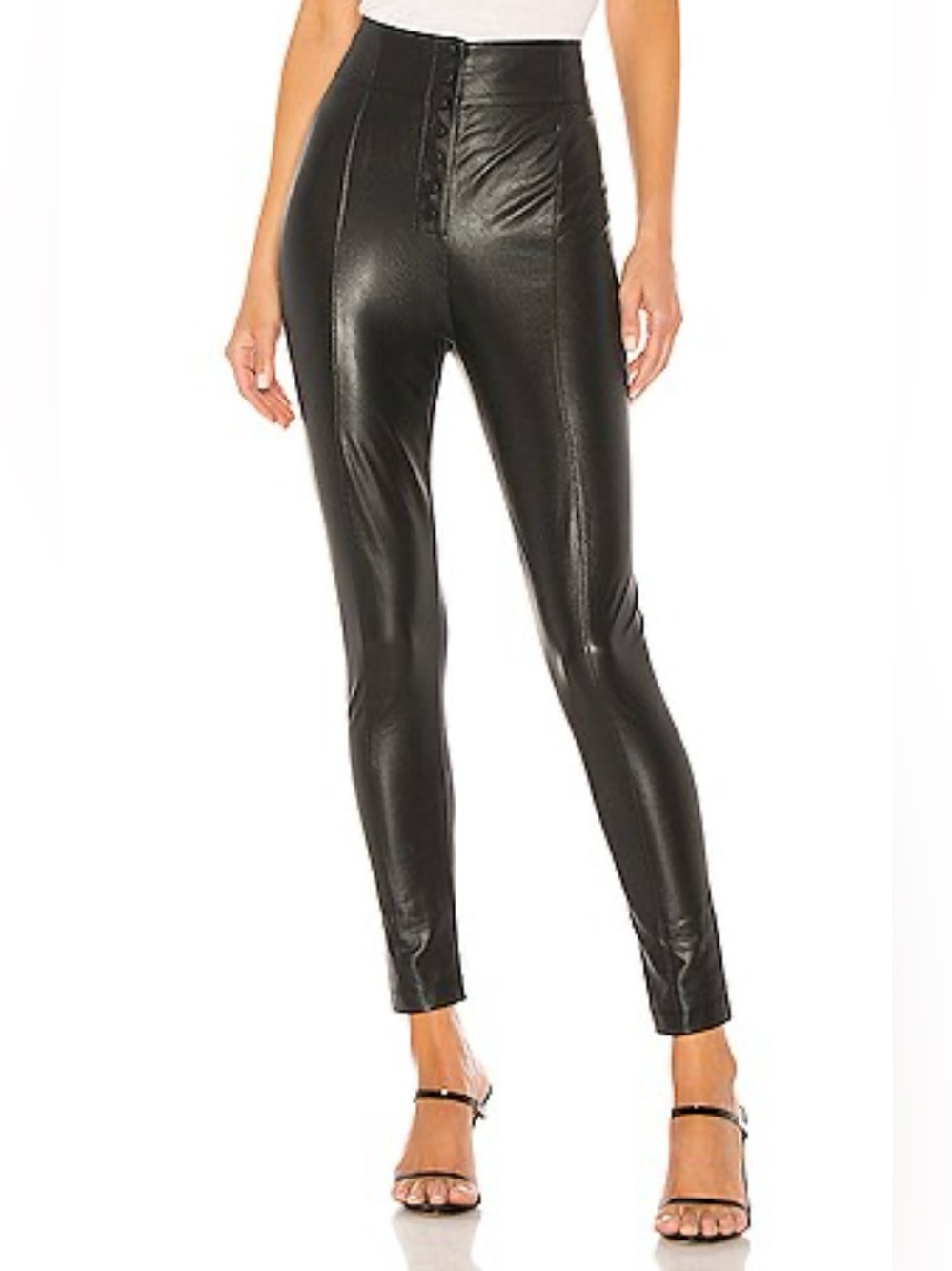 BCBGMAXAZRIA Faux Leather Womenโs Size Small Black Pants Tapered Button